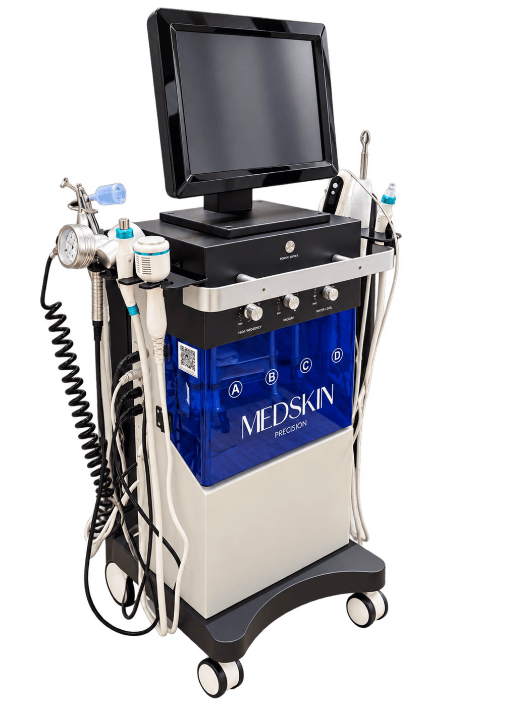 Machine MEDSKIN Precision de Chez Mona, avec écran, réservoirs bleus et sondes