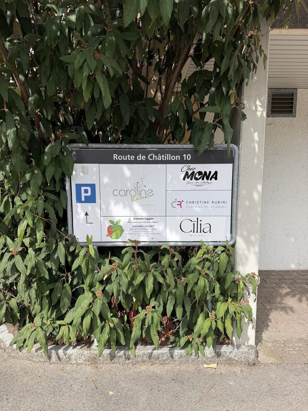 Le panneau directionnel à l'entrée, avec Chez Mona parmi les enseignes du bâtiment